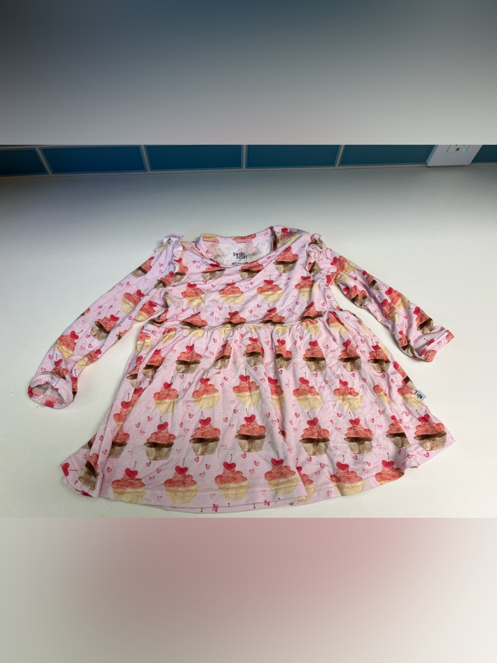 Birdie Bean Pink Cupcake Print Long-Sleeve Kids Dress